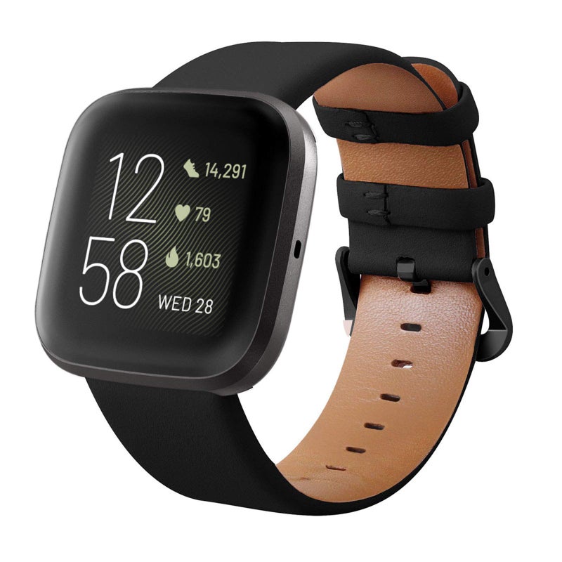 KADES Leather Band Replacement Strap Compatible with Fitbit Versa 2/SE/Lite Smartwatch for Women & Men (Black Band+Black Buckle) - Image 1